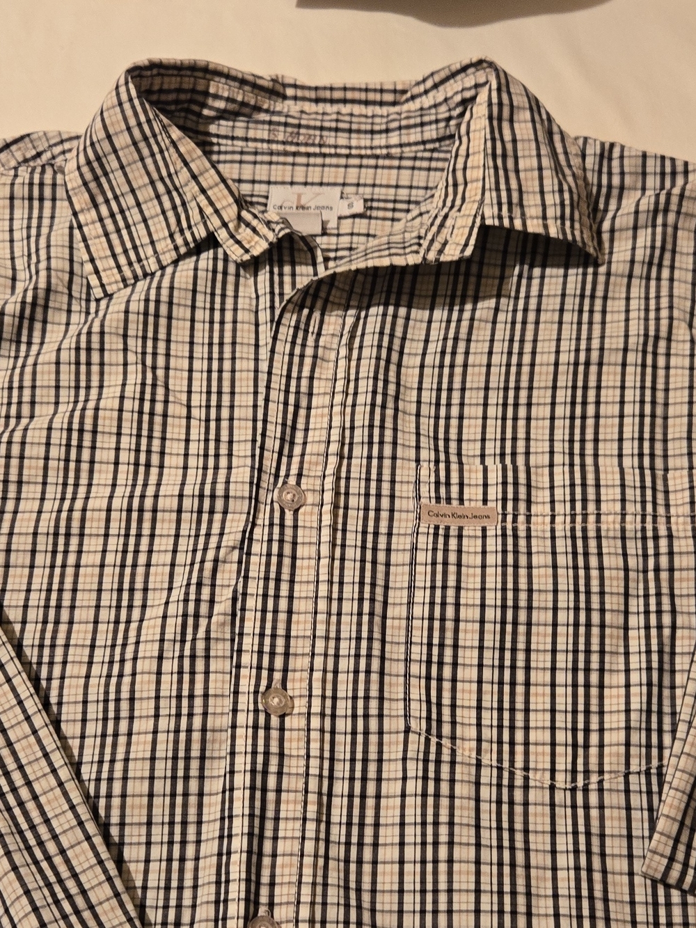 Calvin Klein Jeans Men’s White and Black Plaid Button-Down Shirt